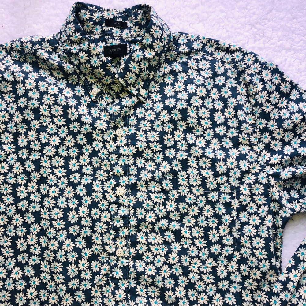 J. Crew shirt floral print button down long sleeve men’s medium blue & white